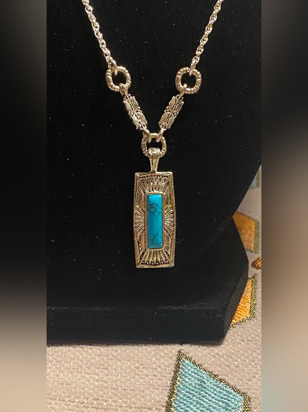 Vintage Southwestern Turquoise Rectangle
Pendant Rope Chain Necklace Boho